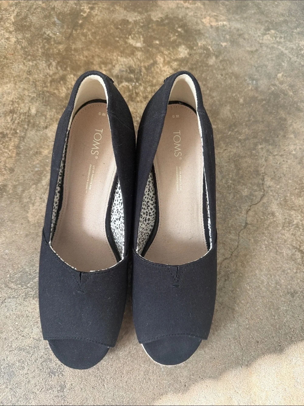 Toms Black Canvas Peep-Toe Espadrille Wedges